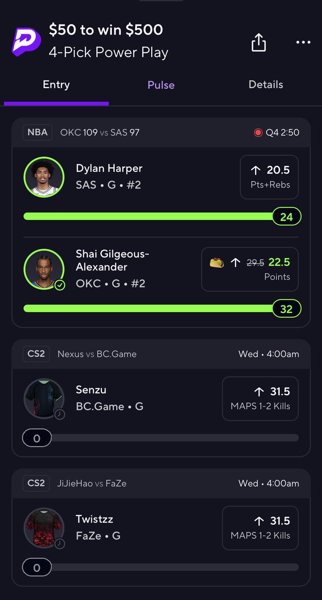Sensei_Parlay's tweet photo. 🚨 WEDNESDAY CS2 PLAYS 🚨

NBA did its job tonight! 🏀✅

Paul George, Dylan Harper, and SGA all CASHED! 🔥 Now we’re turning to the overnight CS2 slate for a wake and cash 🫡

🎯 SLIP 1 | $45 → $270
🎮 cobrazera MORE 30 Kills (Maps 1–2)
🎮 Senzu MORE 31.5 Kills (Maps 1–2)
🎮 Twistzz MORE 31.5 Kills (Maps 1–2)

🎯 SLIP 2 | $50 → $500
🏀 Dylan Harper MORE 20.5 Pts + Rebs ✅
🌮 SGA MORE 22.5 Points ✅
🎮 Senzu MORE 31.5 Kills (Maps 1–2)
🎮 Twistzz MORE 31.5 Kills (Maps 1–2)

🎯 SLIP 3 | $50 → $200
🏀 Paul George MORE 16.5 PRA ✅
🏀 Dylan Harper MORE 13.5 Pts + Rebs ✅
🌮 SGA MORE 22.5 Points ✅
🎮 cobrazera MORE 30 Kills (Maps 1–2)

NBA went 3/3! Now it’s up to cobrazera, Senzu, and Twistzz to bring these slips home overnight! 🎮🔥

LOCK IN! 🔥💵

#PrizePicks #PrizePicksPicks #TacoTuesday #TacoPicks #NBA #NBAPicks #SGA #ShaiGilgeousAlexander #DylanHarper #PaulGeorge #CS2 #CounterStrike2 #CS2Betting #EsportsBetting #TheMongolZ #FaZeClan #PlayerProps #SportsBetting #ParlayPicks #SenseiParlay #UnderdogFantasy