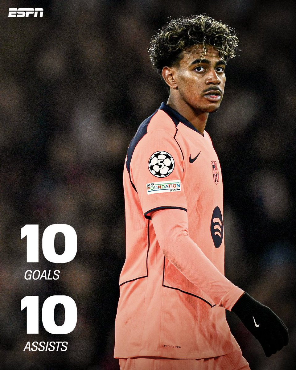 ESPNFC's tweet photo. Lamine Yamal is THE ONLY PLAYER in Europe’s top 5 leagues to have 10+ goals and 10+ assists in all competitions so far this season🔥

Ready for ElClásico 🔜 https://t.co/kWm04UMOVu