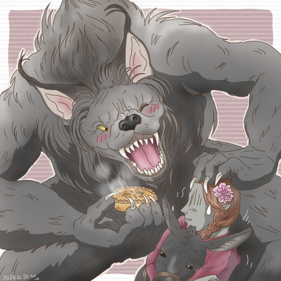 Browntabby_nya's tweet photo. 「さあ、焼きたてのおばあちゃんのウナギパイをお食べ」🐺🥧
" Here, have some fresh-baked Granny's Eel Pie!"
#TESOctober https://t.co/XxUMEq03wf