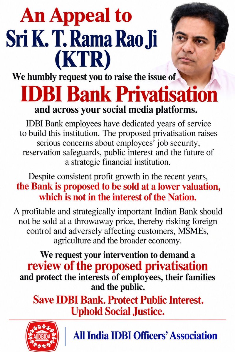 idesibanda's tweet photo. IDBI Unions appealing PM, Key Allies TDP, JDU, JanSena &amp; Opposition INC, SP, BRS against IDBI SALE.

@narendramodi @RahulGandhi @KTRBRS @yadavakhilesh @PawanKalyan https://t.co/Wm7DOX7p49
