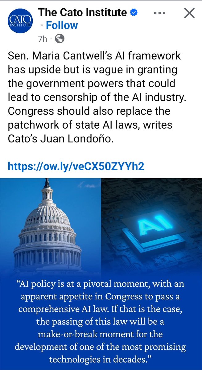 CotoBlogzz's tweet photo. A Comparative Analysis of Cantwell’s Framework, AICELA, and Cato’s Critiques
As policymakers debate how to mitigate catastrophic risks from frontier AI, two contrasting models have emerged: flexible government-guided safety standards versus strict, anti-licensing custody controls. Evaluating Cato’s analysis of Senator Cantwell’s Frontier AI Framework alongside the AICELA discussion draft reveals a profound divide over the proper role of federal oversight in artificial intelligence.

https://t.co/ygenVOwy8l

• ​#CatoInstitute
• ​#USCongress
• ​#NISTAI
• ​#AIPolicy
• ​#AIGovernance
• ​#FrontierAI
• ​#TechPolicy
• ​#AICELA
• ​#SenateCommerce
