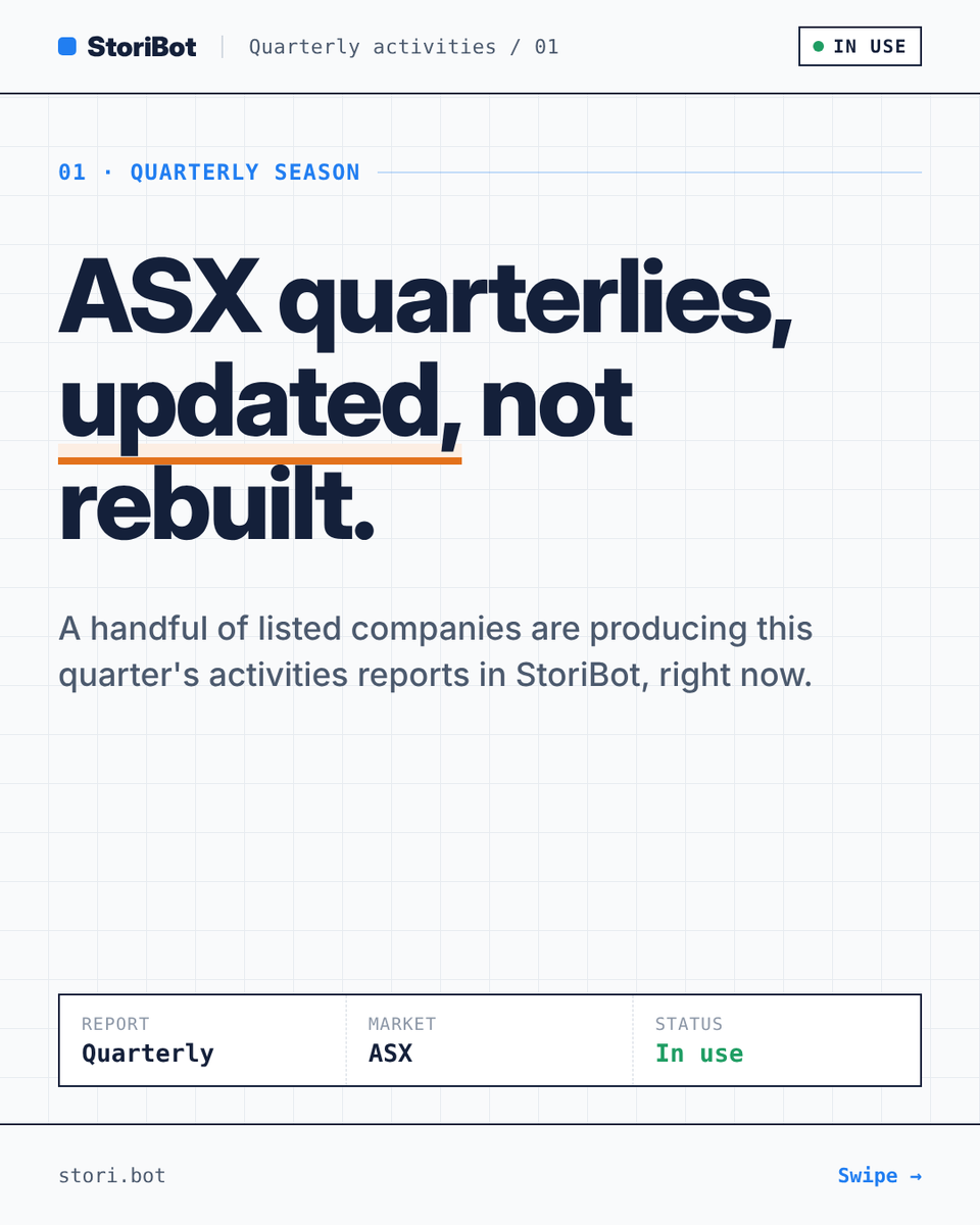 _StoriBot's tweet photo. It's quarterly season. A handful of ASX-listed companies are producing their quarterly activities reports in StoriBot right now.

3–8 hours by hand → about 45 minutes across three short sessions. Reviewers still mark up the Word version. https://t.co/G2KGCenggC