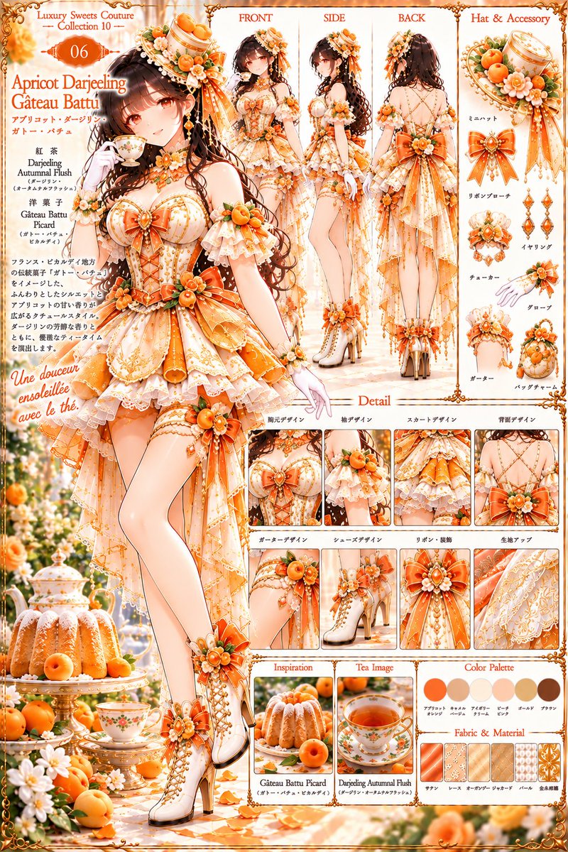 tarotaro_mgm's tweet photo. 👗AI衣装デザイン図鑑👗
🇫🇷🍰🫖 Luxury Sweets 
　　　　　　Couture Collection 10 👑💕

Les Dix Salons Précieux — Season 5
✨ ― フランス洋菓子と紅茶が彩る、
10の宝石のティーサロン ― ✨

アプリコット・ダージリン・ガトー・バチュ
Apricot Darjeeling Gâteau Battu
Apricot Elegance × Darjeeling Tea Couture
006/010

テーマ
アプリコットの甘い香りとダージリン紅茶の
優雅さを融合したスイーツクチュール。
オレンジとアイボリーの華やかなフリル、
繊細な金刺繍、愛らしい花飾りが彩る衣装。
フランス菓子の幸福感を表現した、
可憐で上品なアイドルスタイル。

特徴
🧡 オレンジの編み上げコルセット
🎀 胸元の大きなジュエルリボン
👗 短丈フリルと長い非対称オーバースカート
🌼 背中のクロスストラップと花飾りリボン
👢 アプリコット装飾の編み上げブーツ

※プロンプトは下にあります
❤️ いいね・RP・保存で
応援していただけると励みに
なります！※他の衣装シリーズも
プロフィールからご覧いただけます

#LuxurySweetsCoutureCollection10 
#AICostumeCreator #MegumixCollection

Dress the person in the reference image in this exact apricot-and-ivory idol couture outfit. Preserve their identity, face, hair and proportions. Fitted ivory sweetheart corset bodice with orange satin panels, gold embroidery, front lacing and a large orange jeweled bow at the bust. Off-shoulder layered lace puff sleeves with apricot flower clusters. Short flared mini skirt ending at upper thigh, with orange and ivory tiered ruffles, embroidered scalloped edges and lace. Long asymmetric detachable overskirt panels cascade from the hips to the calves, leaving the front mini skirt visible. Back: open upper back with thin crossed straps, fitted corset and oversized orange floral bow with long trailing ribbons. Apricot mini hat, flower choker, white gloves, jeweled thigh garter and ivory lace-up heeled boots with orange bows. Orange, cream and gold palette. Single full-body fashion portrait, not a design sheet.