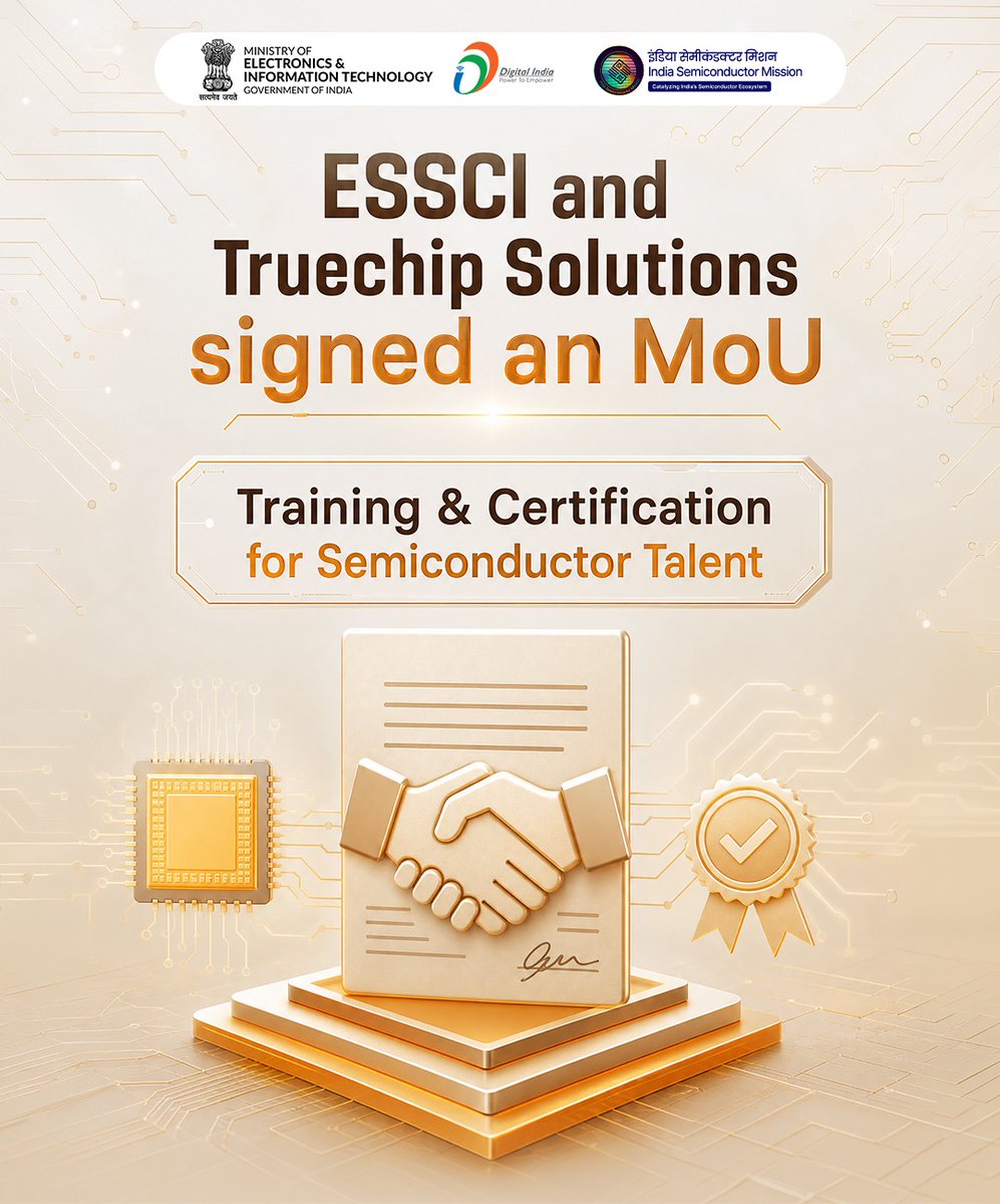 NeGD_GoI's tweet photo. Circuit Design and testing are critical stages in turning an idea into a working semiconductor product.

This partnership focuses on giving young professionals structured training and certification across these industry-relevant capabilities.

#SEMICONIndia2026 #DigitalIndia https://t.co/xgE3MDkGhn