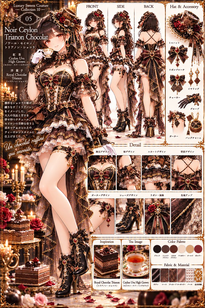 tarotaro_mgm's tweet photo. 👗AI衣装デザイン図鑑👗
🇫🇷🍰🫖 Luxury Sweets 
　　　　　　Couture Collection 10 👑💕

Les Dix Salons Précieux — Season 5
✨ ― フランス洋菓子と紅茶が彩る、
10の宝石のティーサロン ― ✨

ノワール・セイロン・トリアノン・ショコラ
Noir Ceylon Trianon Chocolat
Royal Chocolate × Ceylon Tea Elegance
005/010

テーマ
濃厚なショコラとセイロン紅茶の気品を融合した
ラグジュアリークチュール。ブラックと
カカオブラウンにボルドーとゴールドを重ね、
薔薇と宝石が華やかさを演出。
高級ショコラサロンを思わせる、
甘美でエレガントなアイドル衣装。

特徴
🖤 ブラックショコラのコルセット
🌹 ボルドーローズとゴールド刺繍
👗 三色フリルの短丈ティアードスカート
🎀 背面クロスストラップと巨大リボン
👢 ゴールド装飾のブラック編み上げブーツ

※プロンプトは下にあります
❤️ いいね・RP・保存で
応援していただけると励みに
なります！※他の衣装シリーズも
プロフィールからご覧いただけます

#LuxurySweetsCoutureCollection10 
#AICostumeCreator #MegumixCollection

Dress the person in the reference image in this exact black-chocolate idol couture outfit. Preserve their identity, face, hair and proportions. Fitted black sweetheart corset bodice with cocoa-brown panels, gold floral embroidery, front lacing and a large black-and-burgundy jeweled bow at the bust. Off-shoulder layered lace puff sleeves with dark rose ornaments. Short flared mini skirt ending at upper thigh, with tiered black, brown and ivory lace ruffles, gold-trimmed scalloped edges and ornate embroidery. Long asymmetric overskirt panels cascade from the hips to the calves, keeping the short front skirt visible. Back: open upper back with thin crossed black straps, fitted corset and oversized burgundy-black bow with long trailing ribbons. Mini chocolate hat with roses, jeweled choker, black gloves, thigh garter and black lace-up heeled boots with gold details. Single full-body fashion portrait, not a design sheet.