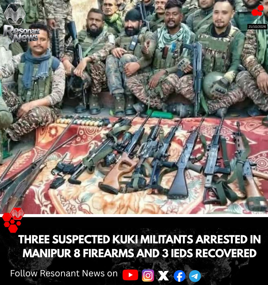 Resonant_News's tweet photo. 🚨 Manipur: 3 Suspected KNF-N Cadres Apprehended 8 Automatic Weapons and 3 IEDs Recovered

A cordon-and-search operation (CASO) was launched at 9:30 AM by 207 Battalion CoBRA, 112 CRPF and Kangpokpi Police in the general area of S. Phailengkot, Kangpokpi.

According to the operational update  security forces recovered:

8 automatic weapons
3 improvised explosive devices (IEDs)
1 locally handmade pump-action weapon (“Pumpi”)

Three suspected Kuki individuals were apprehended. Further inputs reportedly indicate links to KNF-N cadres. The operation follows the recent killings in the Khongbal area, with further details awaited.