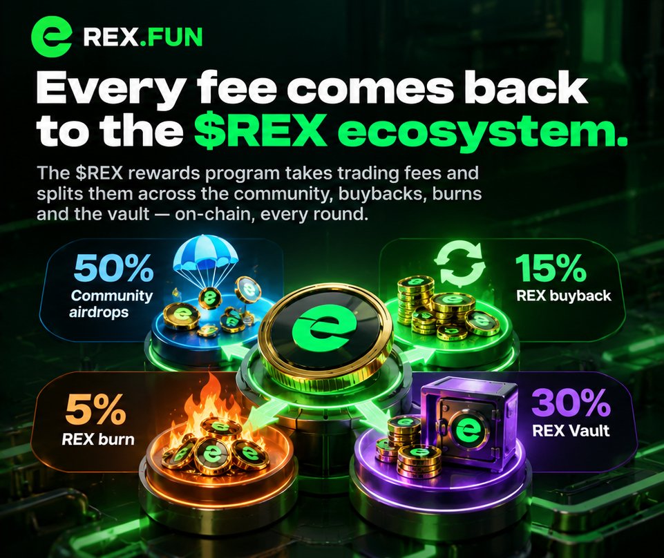 rexfundaily's tweet photo. 🦖 Every fee comes back to the $REX ecosystem.
The $REX rewards program splits trading fees on-chain, every round:

💎 50% Community airdrops
🔄 15% REX buyback
🔥 5% REX burn
🏦 30% REX Vault

Four allocations. One connected ecosystem. https://t.co/wk4yiQ230y