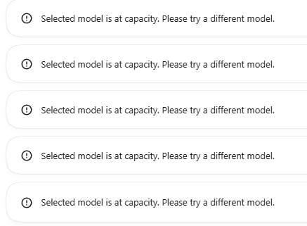 HHH7vd's tweet photo. @thsottiaux Since yesterday’s “reset,” every model has displayed the same message: “The selected model has reached its capacity limit.” So, what is the point of this so-called “reset”? While it ostensibly refreshes the quota, in reality, it further restricts actual usage. https://t.co/N1qmbh5UZ9