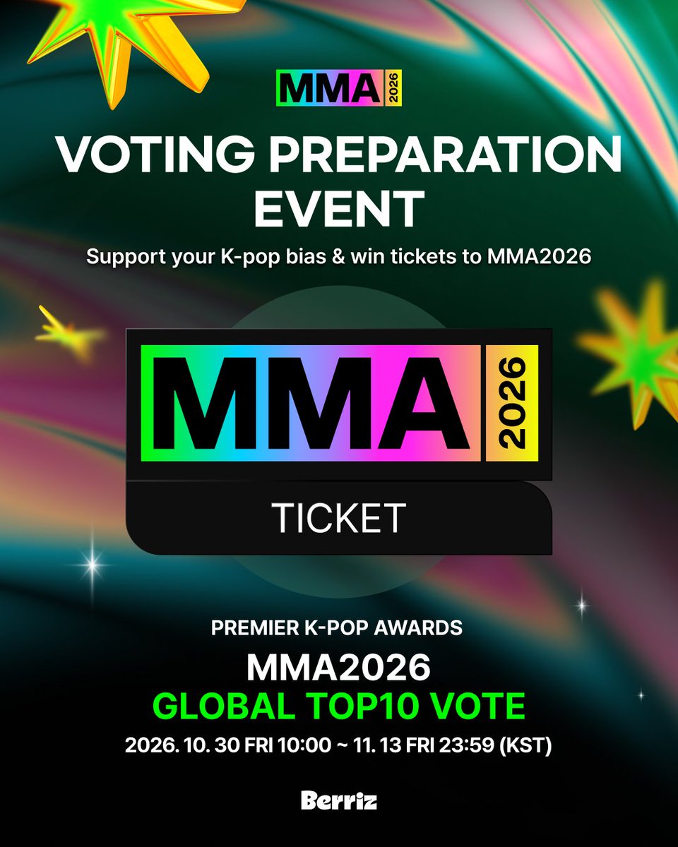 berriz_official's tweet photo. [📢] Event Persiapan Voting MMA2026, 
Premier K-POP Awards, Resmi Dimulai! 🎟️

Siap vote dan bertemu langsung
dengan artis favoritmu di MMA2026? 🏆

Tulis pesan dukungan untuk artis favoritmu
di Berriz sekarang dan menangkan hadiahnya! 🍀