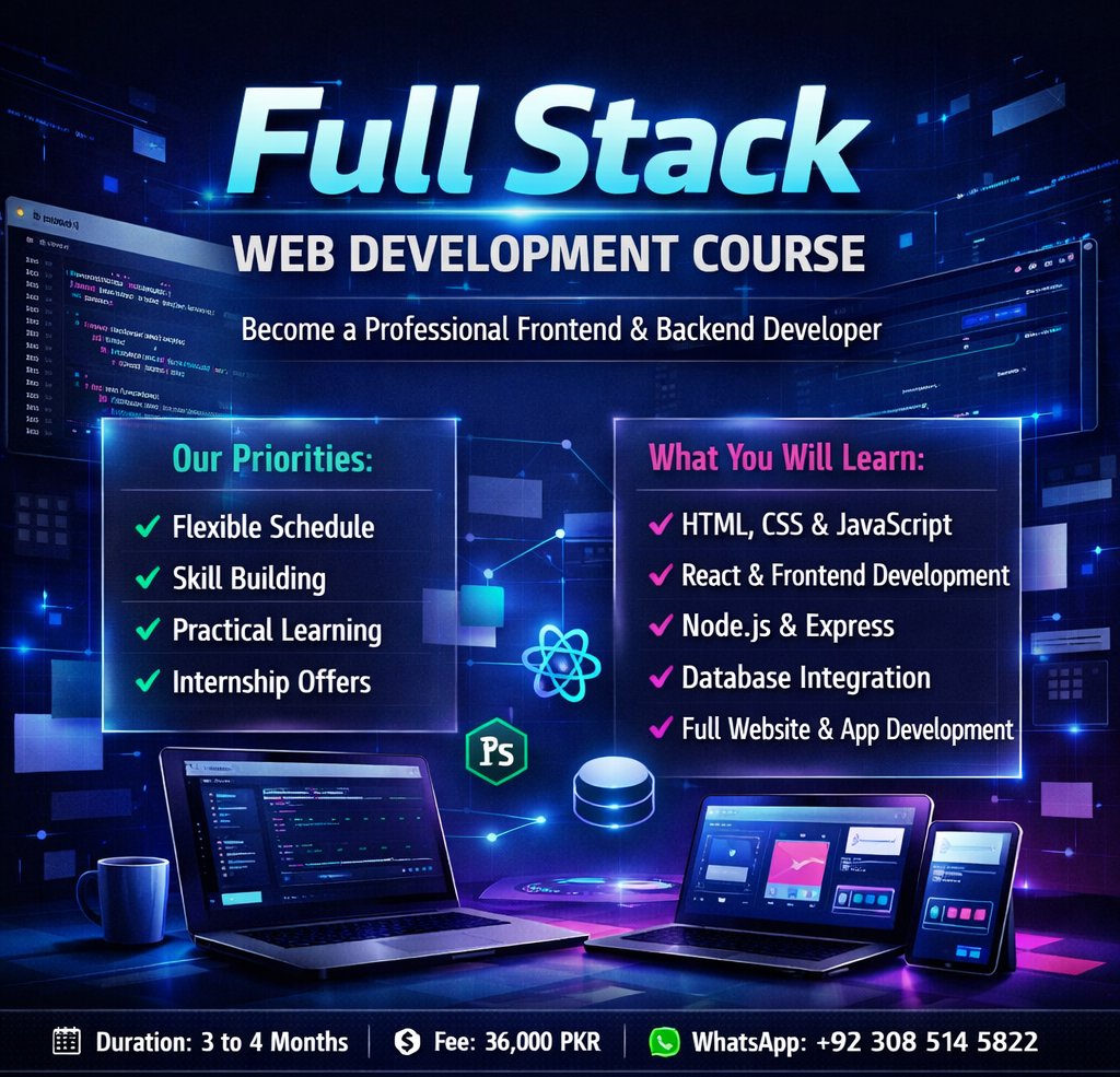 TechnocationSo's tweet photo. 💻 Full Stack Development Course at Technocation

Want to build modern websites and powerful web applications? Join our Full Stack Development Course and explore front-end technologies like HTML, CSS, JavaScript.
🌐 Website: https://t.co/FuGTxzWTRC
📲 WhatsApp: +923085145822 https://t.co/TVY4WL30Ze