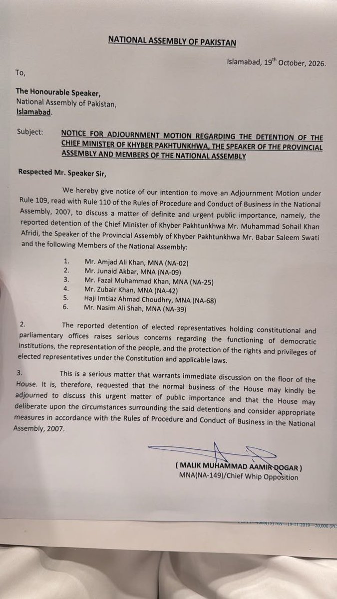 Afroz_daud_'s tweet photo. #PTI tables an adjournment motion in the National Assembly over the arrests of KP CM Suhail Afridi, Speaker Babar Swati, and six MNAs. 
#PeacemakerCDF #PeaceVisionOfCDF #GloballyTrustedCDF #UmmahWithYouCDF @soldierspeaks @soldierspeaks @Naya_Pakistan @CMShehbaz https://t.co/BjvRZ6minF