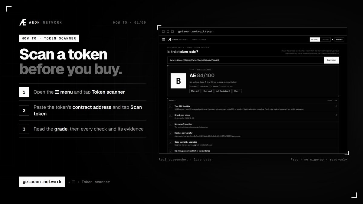 getaeon_network's tweet photo. How to scan a token before you buy.

1. Open the menu, tap Token scanner
2. Paste the contract address
3. Read the grade and every check

Free, no sign-up. https://t.co/xpynB4nzcx https://t.co/iK2IVBMQgn