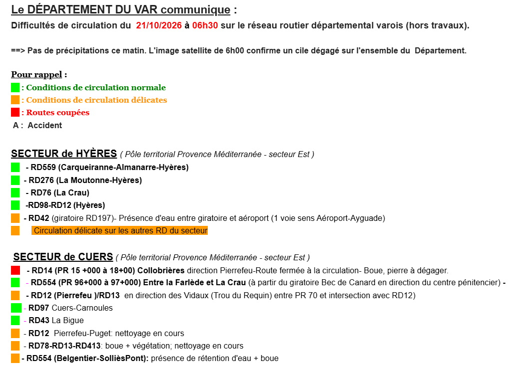 RouteVar's tweet photo. Le DÉPARTEMENT DU VAR communique :
Difficultés de circulation du  21/10/2026 à 06h30 sur le réseau routier départemental varois (hors travaux). https://t.co/L765S9MiRE