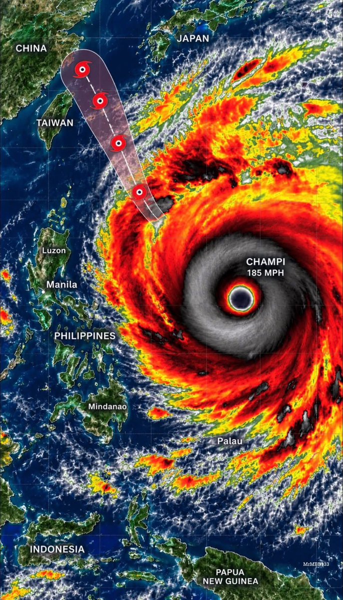 MrMBB333's tweet photo. STRONGEST STORM ON THE PLANET AS CHAMPI REACHES 185 MPH

Super Typhoon Champi has reached an estimated 185 MPH, becoming the strongest tropical cyclone on Earth in 2026!

The Category 5 powerhouse has intensified to approximately 895 millibars as it churns across the Philippine Sea!

Known locally as Rosal, Champi is threatening the northern Philippines with destructive winds, torrential rain and waves potentially reaching 26 FEET!

Anyone in the Philippines or surrounding islands tracking this monster storm?

#MrMBB333 #SuperTyphoonChampi #Philippines