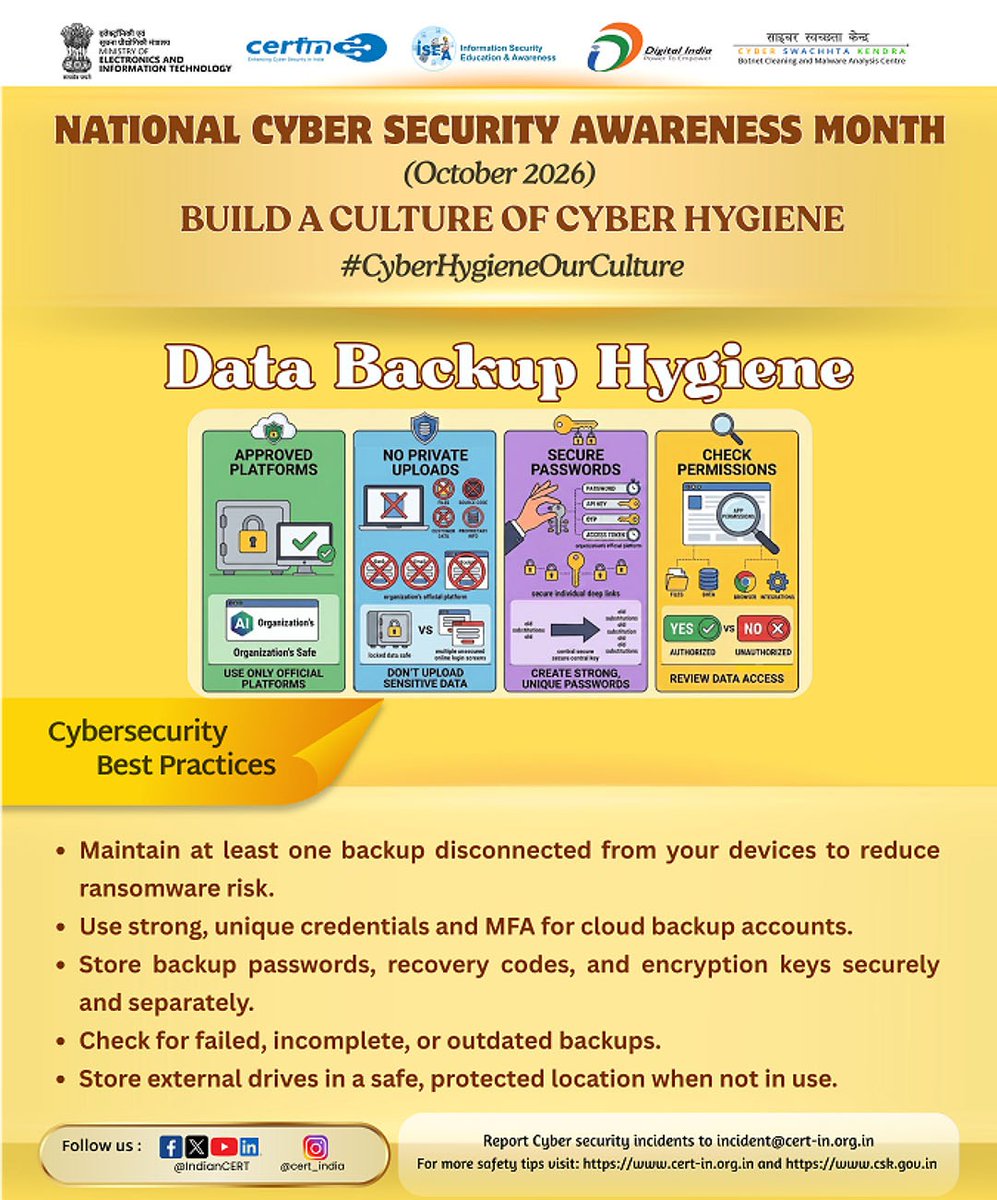 NeGD_GoI's tweet photo. Back it up. Keep it genuine. Stay secure. 

Maintain secure backups, use strong credentials, and rely only on genuine operating systems and trusted software to reduce cyber risks.

Smart backup. Genuine software. Stronger cyber hygiene.

#CyberSecurityAwarenessMonth https://t.co/o4O62yDuHj