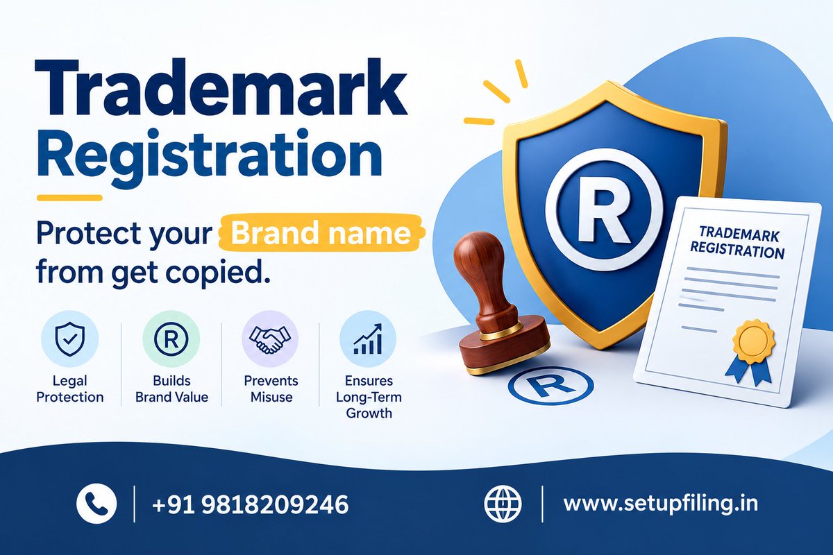 setupfilling's tweet photo. 🚀 Protect Your Brand with Trademark Registration! ®️

Don't wait until someone copies your brand. Take the first step toward protecting your business today!
🌐  https://t.co/k0dEuyJZwf
📞 +91 9818209246

#TrademarkRegistration #TrademarkIndia #BrandProtection https://t.co/h8HKIeLLUp