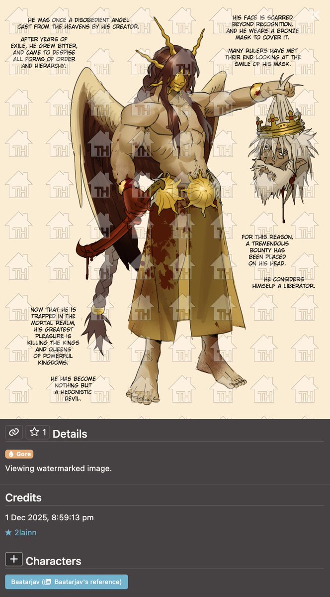 DailyMongoliaOC's tweet photo. Mongolian Original Character of The Day №41: Baatarjav created by 2lainn (https://t.co/FtkQkyDrvy), and owned by THE_DROWSY_DRIFTER (https://t.co/6ryY0JgtiQ)

Short Description (from Toyhouse):
✦ The character is an eclipse dragon.
✦ The quote from the character is: "You humans are a lot of fools for allowing a single weak old crone to leash you. You were content to just pace your cage until you die. Well, see what has become of the man you worship! Watch as your useless king's body goes cold on his throne."

📌 Character’s Link: https://t.co/y6lUqZpjGR

Reminder: If you are interested, please support the original artist and adhere to all guidelines on Toyhouse if you wish to create fan art of this character. This should be done out of goodwill, as the original artist is not obligated to respond due to the nature of Toyhouse, which differs from Art Fight.