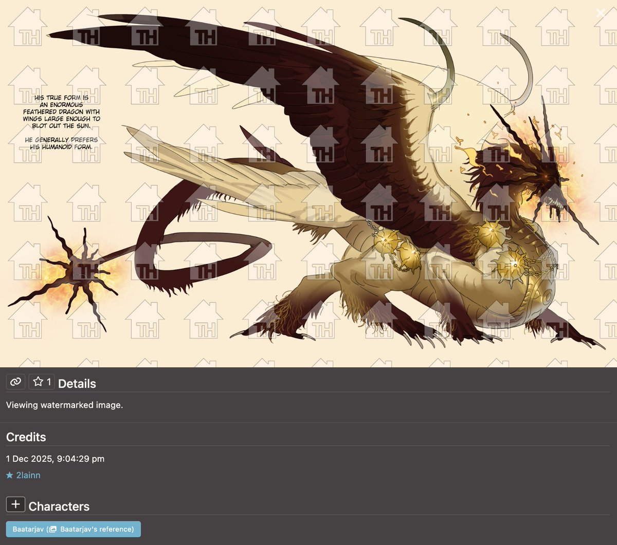 DailyMongoliaOC's tweet photo. Mongolian Original Character of The Day №41: Baatarjav created by 2lainn (https://t.co/FtkQkyDrvy), and owned by THE_DROWSY_DRIFTER (https://t.co/6ryY0JgtiQ)

Short Description (from Toyhouse):
✦ The character is an eclipse dragon.
✦ The quote from the character is: "You humans are a lot of fools for allowing a single weak old crone to leash you. You were content to just pace your cage until you die. Well, see what has become of the man you worship! Watch as your useless king's body goes cold on his throne."

📌 Character’s Link: https://t.co/y6lUqZpjGR

Reminder: If you are interested, please support the original artist and adhere to all guidelines on Toyhouse if you wish to create fan art of this character. This should be done out of goodwill, as the original artist is not obligated to respond due to the nature of Toyhouse, which differs from Art Fight.