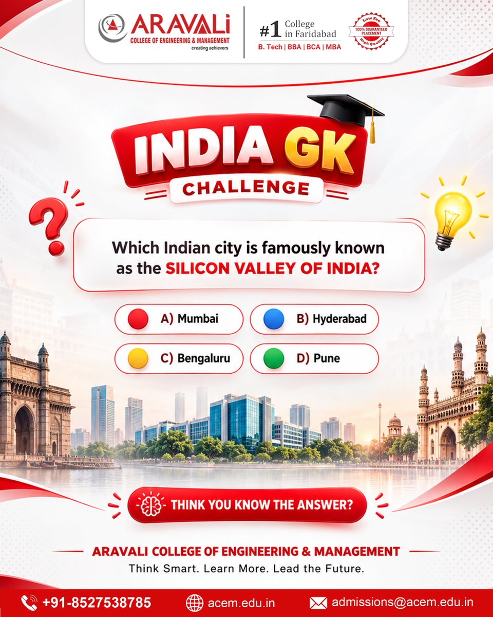 acem2008's tweet photo. 🧠🇮🇳 INDIA GK CHALLENGE! 🔥
Can you guess which city is known as the Silicon Valley of India? 💻🏙️
🤔 Mumbai, Hyderabad, Bengaluru, or Pune?
#IndiaGKChallenge #AravaliCollege #GeneralKnowledge #QuizTime #SmartLearning https://t.co/lDNajvxNUi