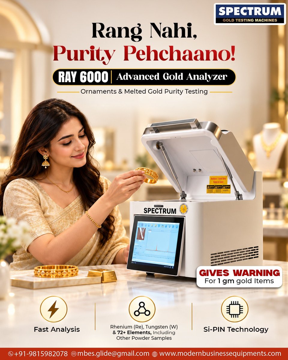 SpectrumXrf's tweet photo. Rang nahi, sahi purity pehchaano with advanced gold testing technology! โจ
The SPECTRUM RAY 6000 Gold Analyzer provides fast analysis with Si-PIN technology and instant warning for 1 gm gold items. ๐ฌ
๐ https://t.co/0IowwChu2x
#SpectrumGoldTesting #RAY6000 #GoldTestingMachine https://t.co/mJK2PcZX0f
