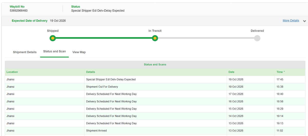 Sundramsahu's tweet photo. Severe negligence by @BlueDartCares My shipment (AWB: 53692966460)  is stuck at the Jhansi hub since 13th Oct 2026. Routine false scans of "Delivery Scheduled For Next Working Day" &amp; "EDL Delay" are being updated for over a week without any actual delivery attempt to Lalitpur. https://t.co/XsPsej00Tw
