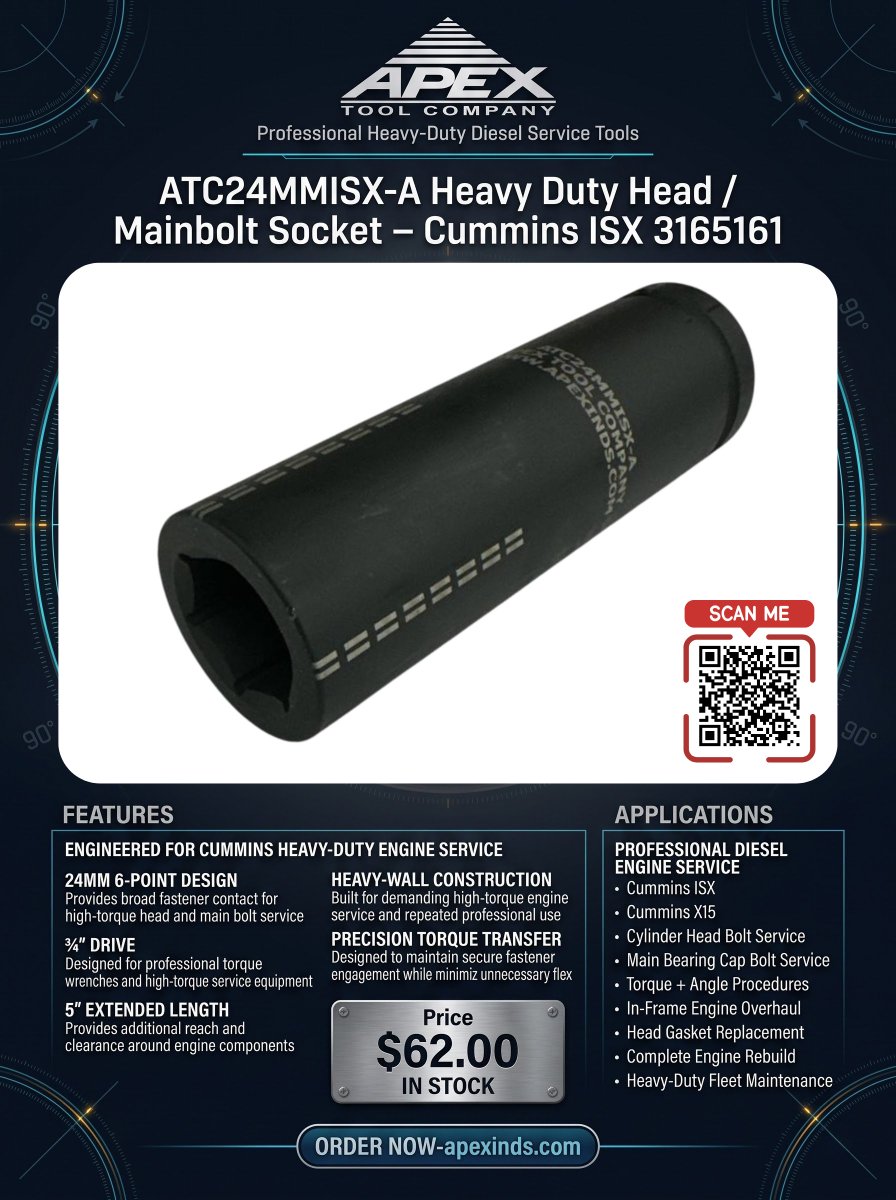 apextools's tweet photo. Why risk main cap walk or blown head gaskets on Cummins ISX engines? 💸 Perform 90-degree torque angle turns with hand-gauge precision using the ATC24MMISX-A socket. 🛒 https://t.co/PzqHEQK1Ku #HeavyTrucks #EngineRebuild https://t.co/GQSUSfEj2R