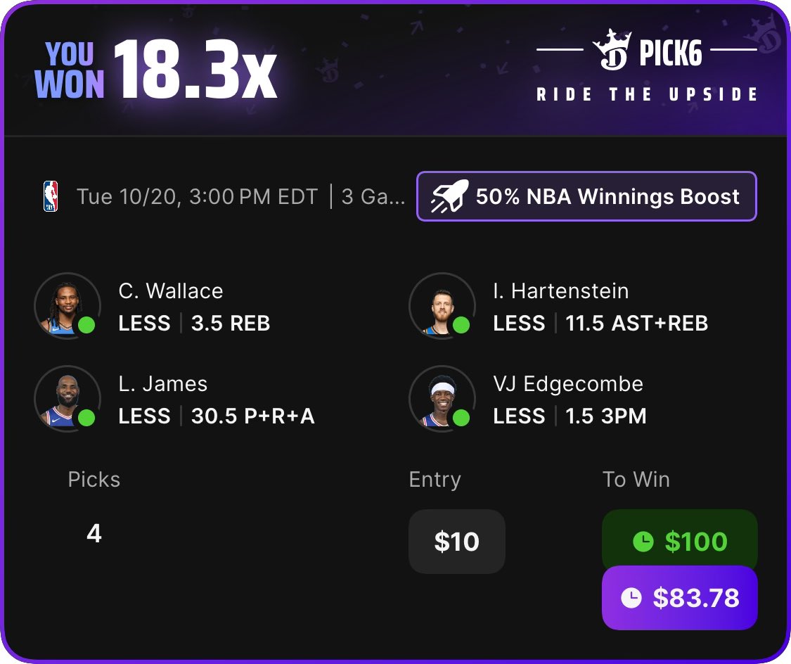 Coop_UST's tweet photo. Cash the 50% NBA Boost on Pick6 for 18.3x💜

Who tailed?👀

Get started with @UpsideTools today! Use code “COOP” to get 25% off your first month! Link is in my bio! https://t.co/PaPweesHWf