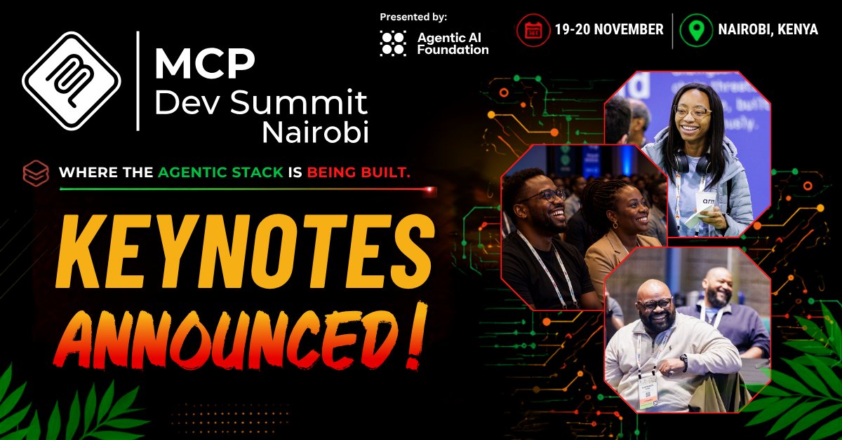 linuxfoundation's tweet photo. 🎤 Our keynote speakers are announced!

From MCP's evolution to real-world applications in digital health, localization + agentic AI, hear from the voices shaping the conversation at MCP Dev Summit Nairobi, 19-20 November.

Meet the lineup: https://t.co/sguPqRio3r https://t.co/m1oF0yAinB