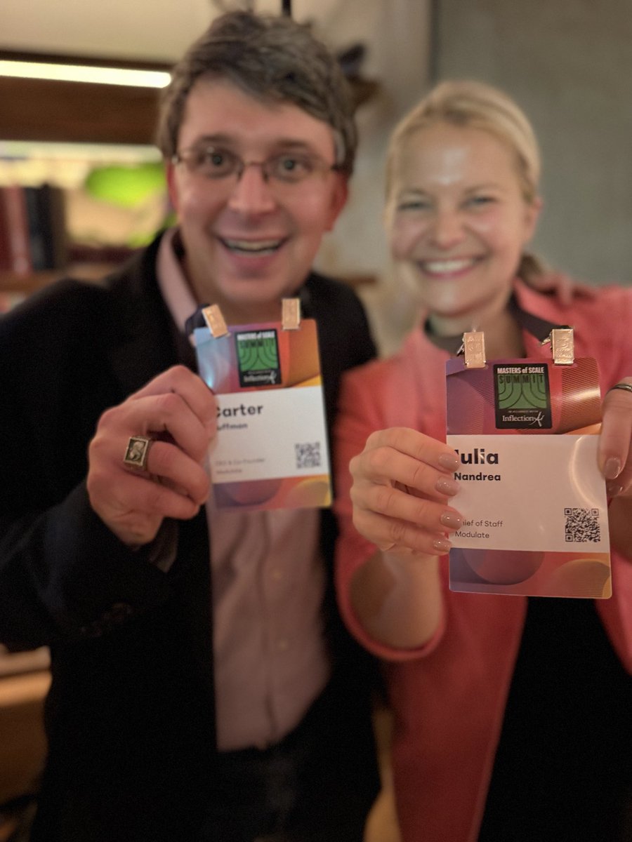whuffman's tweet photo. In a world increasingly powered by #AI, there’s something really powerful about getting people in the same room!

Human connection is a central pillar of #MastersOfScale Summit. And it’s a reminder of something we think about a lot at @modulate_ai: that AI is getting remarkably good at talking🗣️But meaningful communication is about more than words.

How do we make sure #VoiceAI strengthens human connection rather than replacing it? #MoSSummit