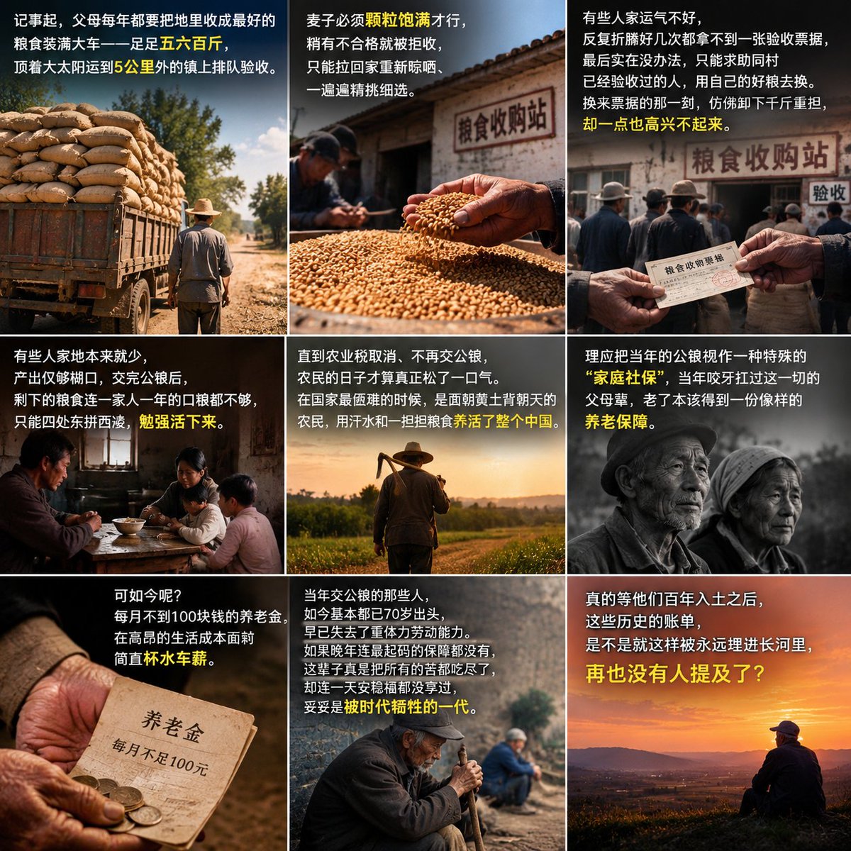 syjunbound's tweet photo. 亲身经历了一个时代的荒诞，犹记得小时候经常跟着父亲去镇上排队交公粮，那种胆战心惊的场面这辈子不想再经历，粮站人员拿着一个长长的管子插进袋子的时候最可怕，凭着肉眼就说你家的粮食不合格，让拉回去重来，有时会来回好几趟，十几里地的路程，几百公斤的粮食，难以想象的困难！ https://t.co/ncxekWfobn