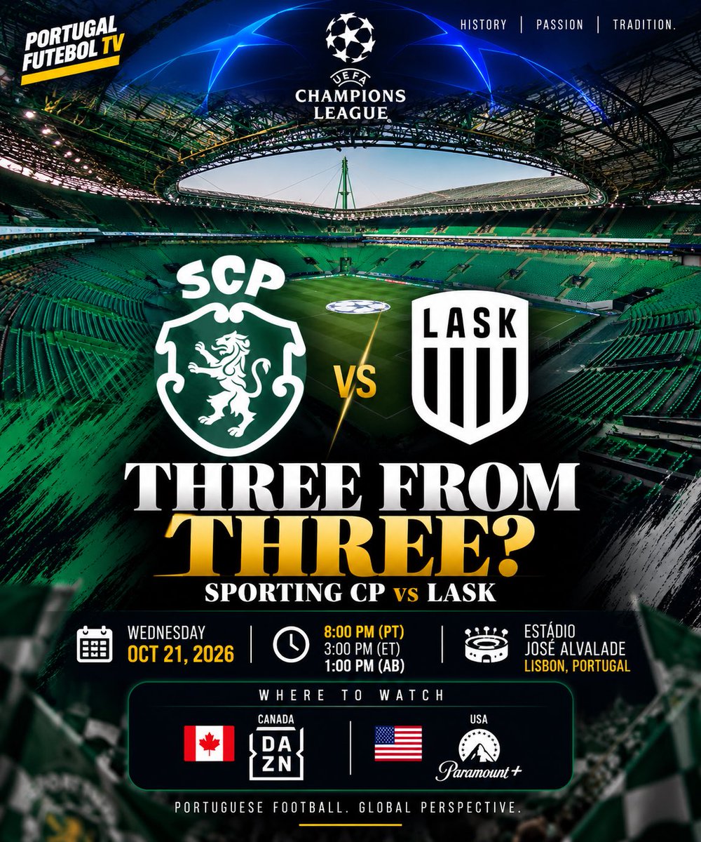 TugaFutebolTV's tweet photo. 🇵🇹🟢 CHAMPIONS LEAGUE MATCHDAY!

Sporting CP 🆚 LASK 🇦🇹
📅 Wednesday, October 21
🏟️ Estádio José Alvalade
⏰ 8 PM Portugal | 3 PM ET

✅ 2 games
✅ 2 wins
🔥 6 points

Can Rui Borges’ Lions make it THREE FROM THREE?

👇 Score predictions!

#SportingCP #UCL #PortugalFutebolTV https://t.co/yHmH8ueILV