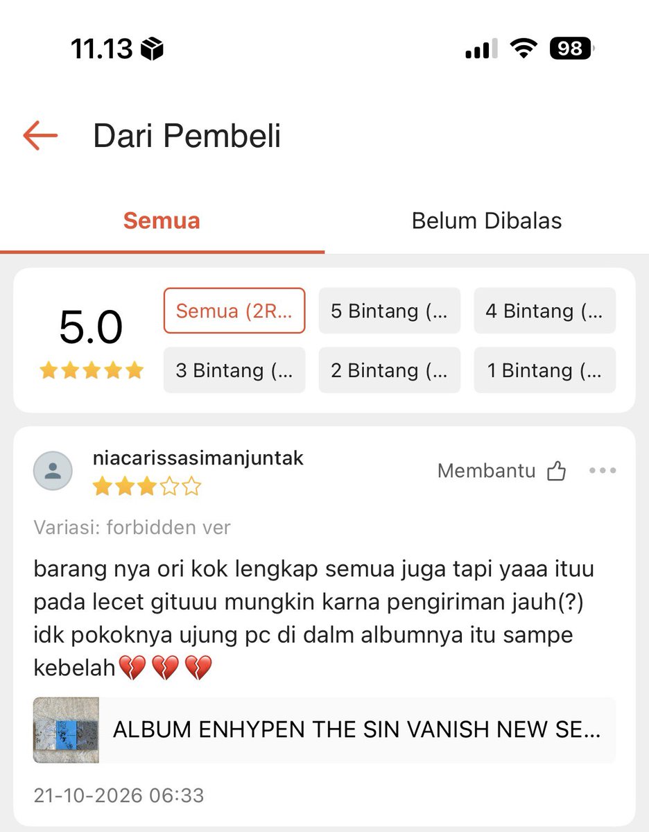 cartbyhshpaw's tweet photo. ❗️BE AWARE BUYER SHOPEE RATING BINTANG 3 SEPIHAK❗️

niacarissasimanjuntak 

buyer kasih rating bintang 3 sepihak dan claim pc ada defect padahal kondisi album NEW SEALED. tidak ada video unboxing ataupun komunikasi ke kami sebelum rating diberikan https://t.co/U3j1qfFZdz