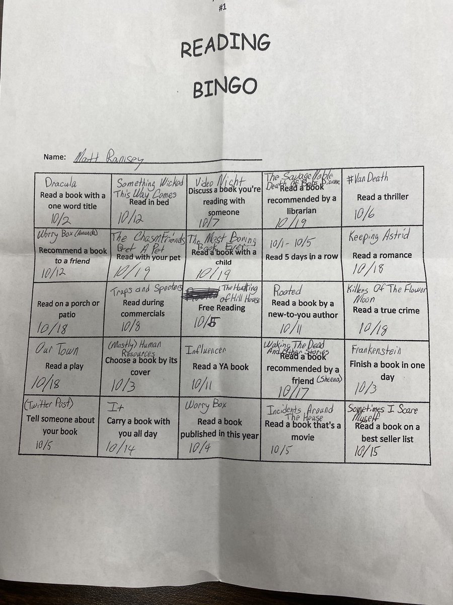 OneNerdyOpinion's tweet photo. First bingo card finished. 

Prize and second bingo card acquired.

Not sure I’ll have time to complete this one. Technically you get a prize for every bingo you make, but I have handicapped myself and only do one per blackout. https://t.co/kalPDXUdXD