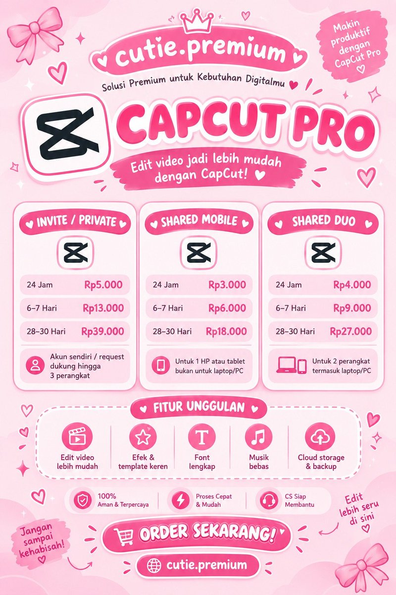 imeldaoctavia06's tweet photo. 🎀 CAPCUT PRO MURAH MERIAH! 🎀
Pengen edit video makin kece dan aesthetic? 💗✨
🩷 Mulai dari Rp3.000 aja!
🌷 Pilihan paket 24 jam sampai 30 hari
🎬 Efek & template keren
💻 Tersedia pilihan paket sesuai perangkat
💌 Yuk, order di cutie.premium! https://t.co/T9Hfig8mCm