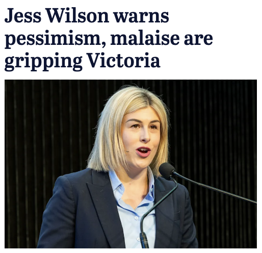 aaronsmith's tweet photo. Jess Wilson wants Victorians to stop being pessimistic while campaigning relentlessly to convince them Victoria is terrible. https://t.co/qIC3DOQ29W