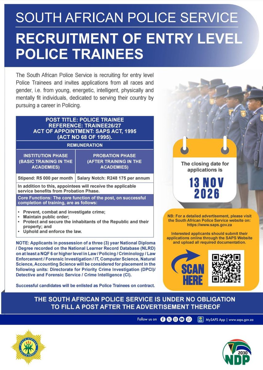 NowInSA's tweet photo. SAPS is looking for 5500 recruits MEDIA STATEMENT FROM THE SOUTH AFRICAN POLICE SERVICE (SAPS)

To: All Media

YOUR FUTURE. YOUR COUNTRY. YOUR CALL: SAPS OPENS ONLINE APPLICATIONS FOR 5 500 POLICE TRAINEES

Pretoria, 21 October 2026; Are you ready to make a difference, serve your country and be part of the fight against crime? The South African Police Service (SAPS) is calling on 5 500 young South Africans under 35 to step forward, embrace the challenge and join the men and women in blue as police trainees during the 2026/2027 financial year.

The nationwide online recruitment drive opens today, 21 October 2026, and closes on 13 November 2026.

This is an opportunity for young, patriotic and service-driven South Africans aged 18 to under 35 to turn their passion for making a difference into a meaningful career in policing. If you are disciplined, physically fit, committed to serving your community and determined to help build a safer South Africa, this could be your moment.

TAKE THE FIRST STEP – APPLY ONLINE!

Eligible applicants who have no criminal records or pending criminal cases are encouraged to apply via the official SAPS eRecruitment portal: https://t.co/FIc99Uc39i

YOUR QUALIFICATIONS COULD OPEN SPECIALISED CAREER PATHWAYS

The SAPS is looking for more than just a uniform. It is looking for young people who can bring knowledge, skills, fresh perspectives and a commitment to excellence to the fight against crime.

As part of its targeted recruitment drive, the SAPS will identify suitably qualified applicants with specific skills for consideration in specialised policing environments. Graduates in Law, Policing, Criminology, Law Enforcement, Forensic Investigation and Information Technology may be considered for placement within the Directorate for Priority Crime Investigation (DPCI), also known as the Hawks; Detective and Forensic Services; and Crime Intelligence.

The targeted recruitment process will also seek to identify suitably qualified young people from underrepresented racial groups who meet the prescribed requirements.

DISCIPLINE. FITNESS. INTEGRITY. COMMITMENT.

Every applicant will undergo a rigorous selection process, including fitness, psychometric and integrity testing, a medical evaluation and an interview. These assessments are designed to ensure that those selected possess the physical fitness, mental resilience, discipline and integrity required to serve and protect the people of South Africa.

Successful recruits who hold a relevant NQF Level 6 or higher qualification will undergo six months of training at a SAPS training academy, while those without such qualifications will complete the standard nine-month training programme. All police trainees will receive a monthly stipend of R5 000 during their training.

DON’T MISS YOUR CHANCE TO MAKE A DIFFERENCE!

Applications close on 13 November 2026. Interested applicants are encouraged to apply early and ensure that they meet all the prescribed requirements.

The SAPS emphasises that applications are FREE OF CHARGE and that no police trainee position is for sale. Applicants must remain vigilant against fraudsters who may demand money in exchange for employment or promise to influence the recruitment process.

Be the change. Serve your country. Help build a safer South Africa.