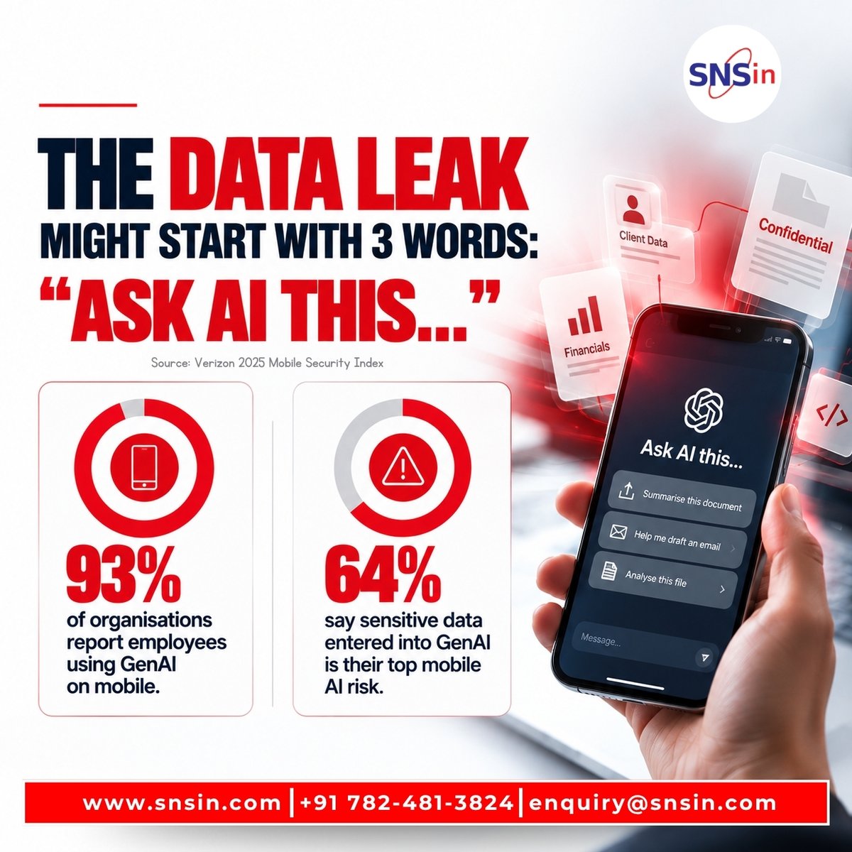 SolutionsSecure's tweet photo. 📱 The data leak might start with 3 words: “Ask AI this…”

93% of organisations report GenAI use on mobile, while 64% cite sensitive data exposure as a top risk. 🛡️ Protect your data with SNS Data Security Services.

#Cybersecurity #GenAI #DataSecurity #SNS https://t.co/3X6IUhheXL