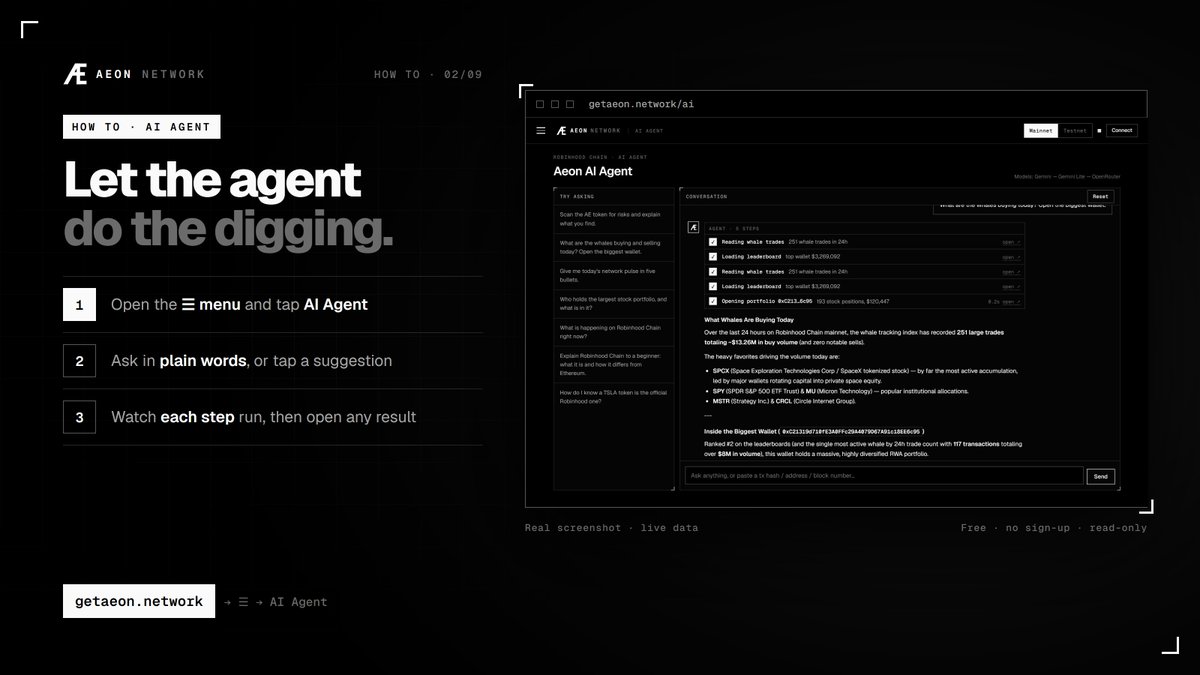 getaeon_network's tweet photo. How to let the AI Agent do the digging.

1. Open the menu, tap AI Agent
2. Ask in plain words
3. Watch each step run, open any result

https://t.co/byh42tMXZC https://t.co/V1Tu8pjUWA