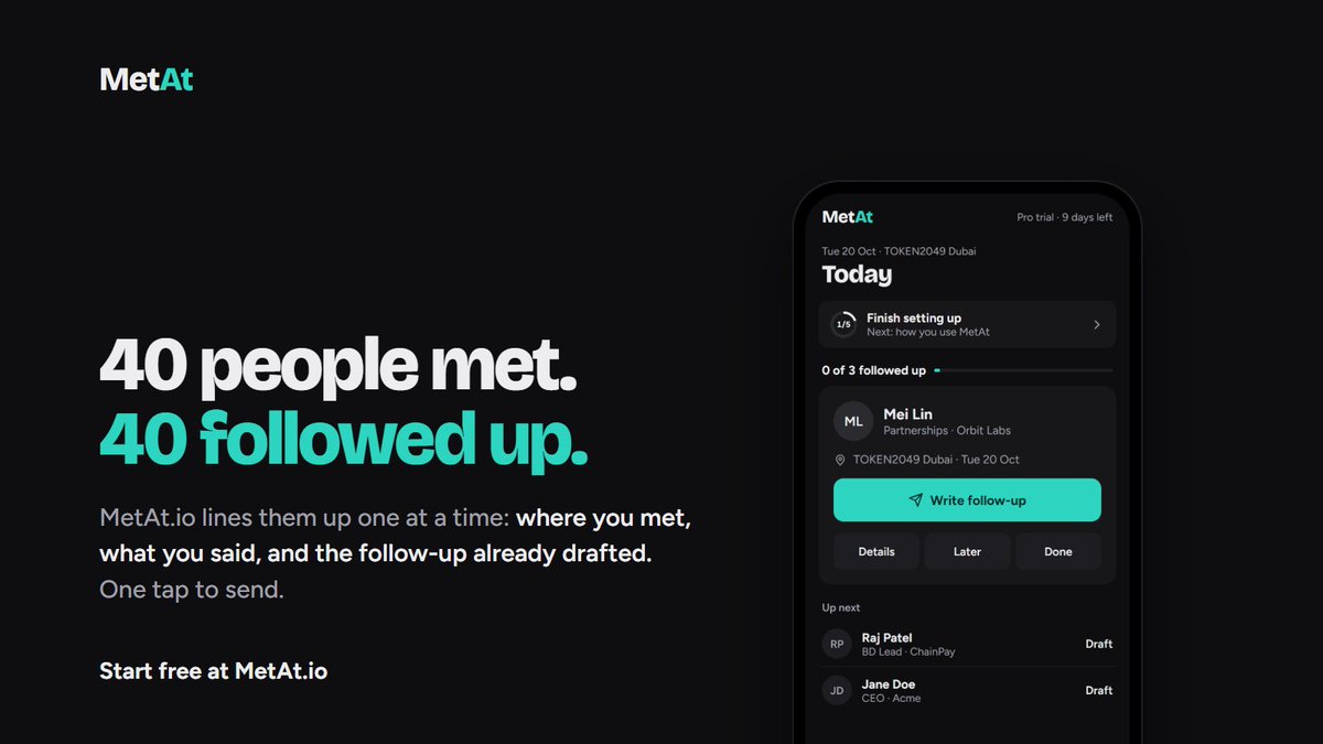 Hello_MetAt's tweet photo. Back from a conference with 40 new contacts?

https://t.co/1GsMNZGBdr lines them up one at a time:
→ where you met and what you talked about
→ the follow-up already drafted
→ one tap to send on Telegram

40 people met. 40 followed up.

Start free: https://t.co/1GsMNZGBdr https://t.co/vxAEUr97Z1