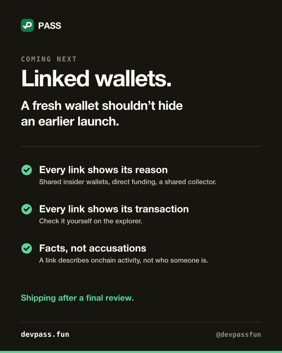 devpassfun's tweet photo. Next for creator passports: linked wallets.

A fresh wallet shouldn't hide an earlier launch.

Every link will show its reason and its transaction. Facts, not accusations.

Shipping after a final review. https://t.co/3aksA97Q4j