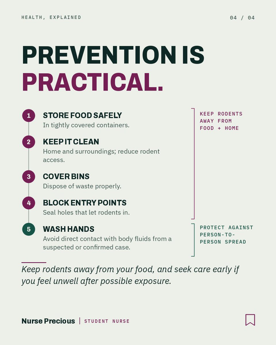 NursePrecious_'s tweet photo. ⚠️  Lassa Fever Guide
​Spread: Via rodent-contaminated food or items.
  
​Symptoms: Fever and headaches that mimic malaria.
  
​Prevention: Store food securely and keep your surroundings clean.
  
​#LassaFever #HealthEducation #StudentNurse https://t.co/XZ36fQZ0MA