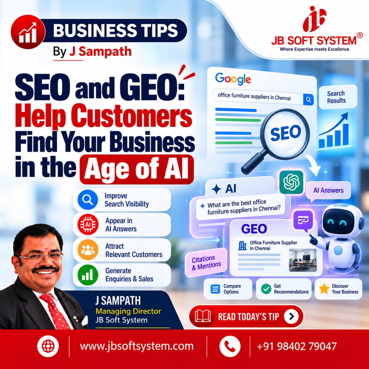 Live_Chennai's tweet photo. SEO and GEO: Help Customers Find Your Business in the Age of AI - Business tips by J Sampath, Founder and CEO of JB Soft System

https://t.co/ecnRRJ0gAw

#JBSOFTSYSTEM #BusinessTips #JSampath #SEO #GEO #GenerativeEngineOptimization #SearchEngineOptimization #AI #DigitalMarketing https://t.co/Yg5PBBKk3A