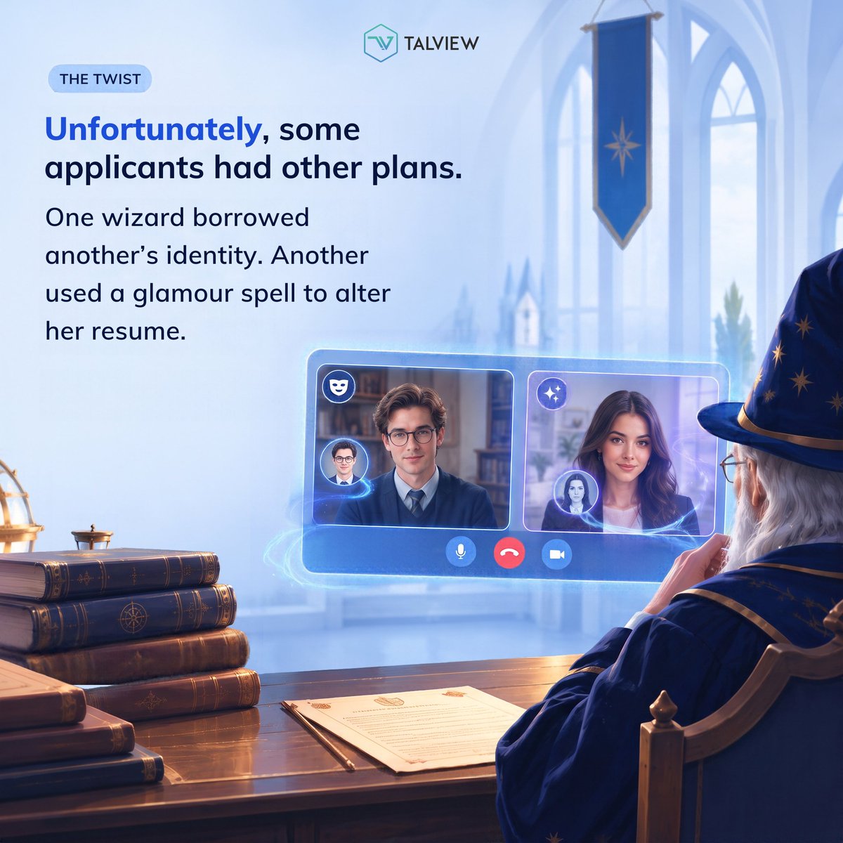 Talview's tweet photo. The academy is hiring a new Defence Arts teacher. 🧙
Three candidates. Three strong interviews. One very tough decision.
Something doesn’t add up, but nobody can say exactly what.
Headmaster, who gets the job? A, B or C?
Swipe through, make your call, and tell us in the comments 👇

#Hiring #TalentAcquisition #Recruiting #InterviewIntegrity