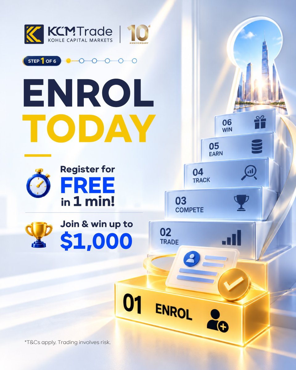 KCMTradeNigeria's tweet photo. Step 1 of 6: Enroll. Everything in the Q4 Challenge starts with one action — registration.   👉 Enrol: https://t.co/Q8vlgwY5T7

T&amp;Cs apply. Trading involves risk.   #KCMTrade #Q4TradingChallenge #AFRTraders #TradingCompetition #Nigeria https://t.co/TonRoomenb