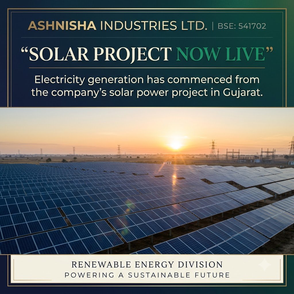 aonu95_'s tweet photo. SOLAR PROJECT UPDATE! ASHNISHA INDUSTRIES has confirmed the commencement of electricity generation following successful testing and commissioning at its Gujarat facility. #SolarPickStock https://t.co/xMpyVGZ6J0