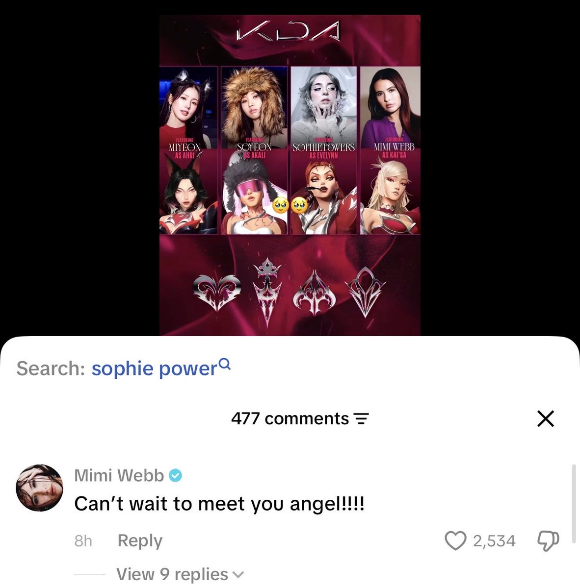 idleis6's tweet photo. Mimi webb just commented on Sophie Powers TikTok account “Cant wait to meet you”, This possibly confirms that K/DA will be performing at worlds 2026 as i-dle, Mimi webb, and Sophie powers. 

Worlds Finals will be held on November 14th! https://t.co/m6HyrXLEV4