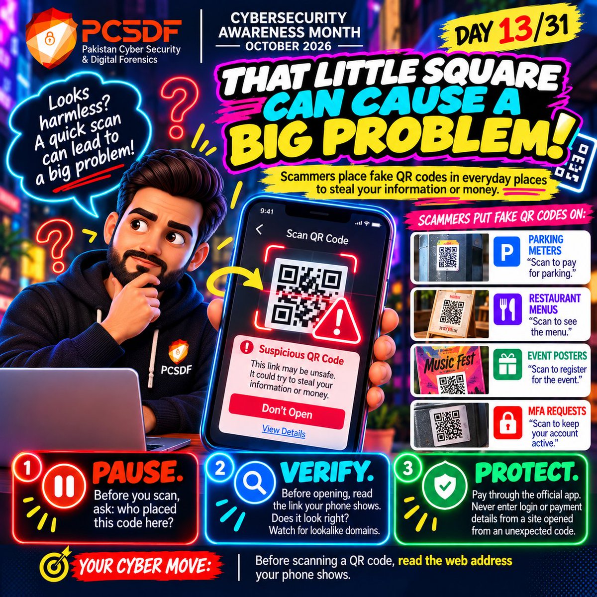 pcsdf1's tweet photo. #CyberAI31 #CyberSecurityAwareness #PCSDF #DigitalSafety #CyberHabits #OnlineSafety #AIPhishing #QRScamAwareness #PhoneScamAwareness #VoiceCloningScam #SocialMediaSafety #InvestmentScamAwareness #JobScamAwareness #PhishingPrevention https://t.co/jZvRvLZlBZ https://t.co/QNtsyA3evO