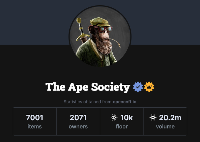 datguysham's tweet photo. Four years ago today, @the_ape_society reached the 10,000 ADA floor milestone.

$14 million in total historical sales volume during its peak growth period, not been tracked by @opensea since they don't cover Cardano.

Apes always remember.

#eth #NFT 

https://t.co/hQA8tWkMqm https://t.co/xLOF38Hetm