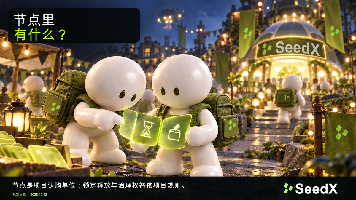 SeedX_CN's tweet photo. 小白人打开节点规则卡,先看到的不是收益数字,而是锁定时间和治理权。SeedX 节点是项目认购单位,具体权益依项目规则;它不是股权,也不保证收益。参与前,你会先看哪条规则?#SeedX #AI #Crypto https://t.co/SpLGAX4V7C