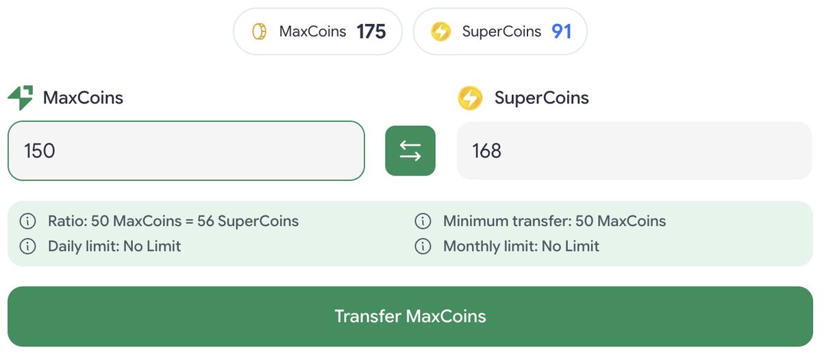 PointsPro's tweet photo. 🚨 MaxCoins to SuperCoins!

Another way to get SCs!

50 MCs = 56 SCs 

Initially transferred from SC only (via Uber rides)

Now we get 12% more SC and 60% more Avios due to the bonus now 😉 https://t.co/lawjGL5tVa